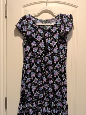 Source Unknown Black Floral Midi Dress with Purple & Blue Roses